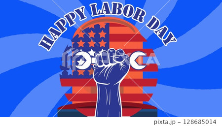 Image of happy labor day text over american flag and lights 128685014