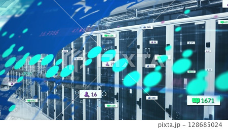 World map and digital icons with increasing numbers against computer server room World map and digital icons with increasing numbers against computer server room 128685024