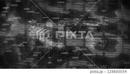 Nft text banner and business concept icons forming a globe against security chain icon 128685034