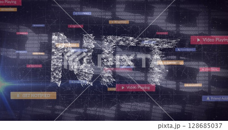 Nft text banner and social media icons against network of connections and security chain icon 128685037