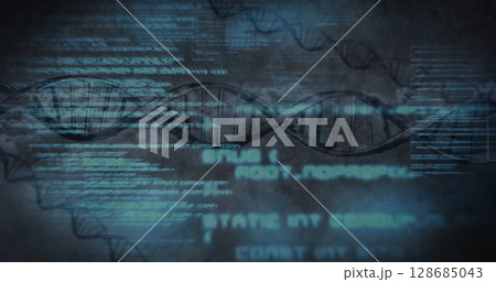 Data processing over spinning dna structures against grey background Data processing over spinning dna structures against grey background 128685043