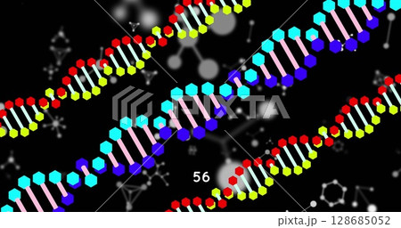 Colorful dna structures spinning against molecular structures on black background 128685052