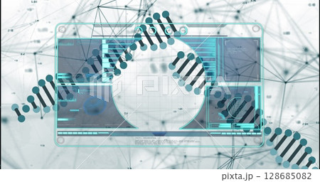 Digital interface with data processing over dna structure spinning against blue background Digital interface with data processing over dna structure spinning against blue background 128685082