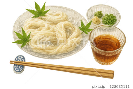 夏の涼味｜水彩風そうめんと薬味の水彩イラスト 128685111