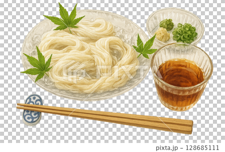 Cool summer taste | Watercolor illustration of somen noodles and condiments 128685111