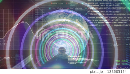 Image of data processing and globe on black background Image of data processing and globe on black background 128685154
