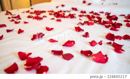 バラの花びら舞うロマンチックなベッド 128685217