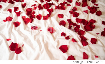 バラの花びら舞うロマンチックなベッド 128685218