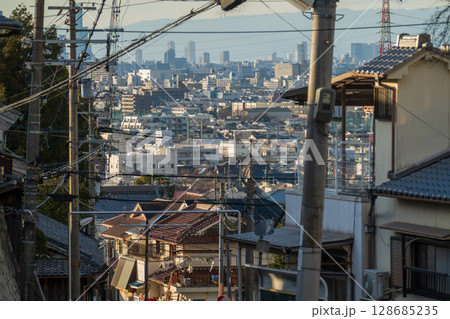 高台から望む八尾市の住宅街と大阪都心 128685235