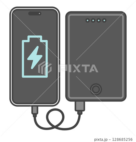 スマートフォンとUSBケーブルで接続・充電中のモバイルバッテリー、黒色・ブラック 128685256