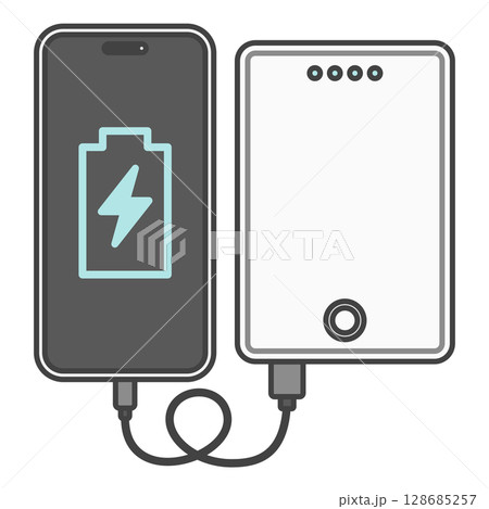 スマートフォンとUSBケーブルで接続・充電中のモバイルバッテリー、白色・ホワイト 128685257