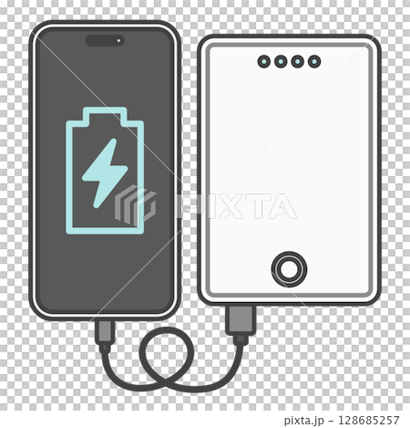 スマートフォンとUSBケーブルで接続・充電中のモバイルバッテリー、白色・ホワイト 128685257