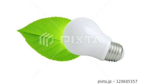 Green energy and eco innovation concept with a light bulb and a leaf 128685357