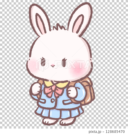 Cute cartoon bunny wearing school uniform and backpack kawaii white rabbit character ready for school adorable animal student perfect for back to school kids education illustration theme design Cute cartoon bunny wearing school uniform and backpack kawaii white rabbit character ready for school adorable animal student perfect for back to school kids education illustration theme design 128685470