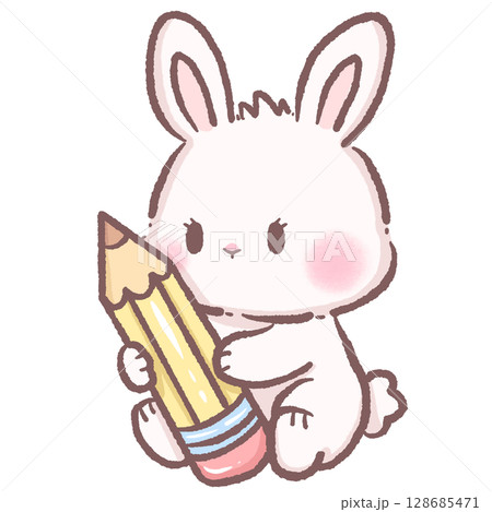 Adorable cartoon bunny hugging giant pencil kawaii white rabbit character with cute expression perfect for back to school art supplies stationery kids education theme illustration drawing concept 128685471