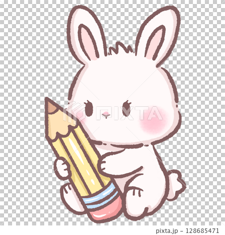 Adorable cartoon bunny hugging giant pencil kawaii white rabbit character with cute expression perfect for back to school art supplies stationery kids education theme illustration drawing concept 128685471
