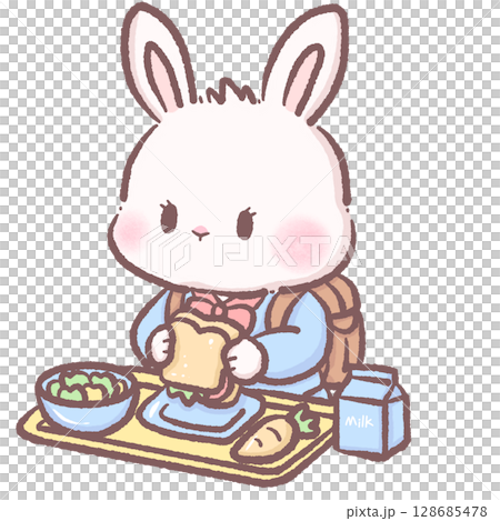 Cute cartoon bunny student eating a lunch sandwich at a cafeteria adorable white rabbit character learning education theme perfect for kids school illustrations 128685478