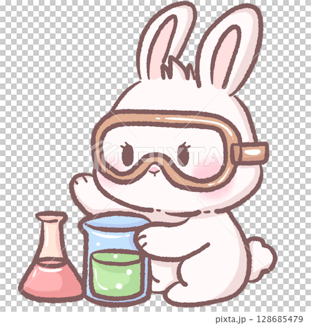 Cute cartoon bunny wearing safety goggles doing science experiment with colorful beakers kawaii white rabbit character learning chemistry perfect for kids education school lab illustration theme 128685479