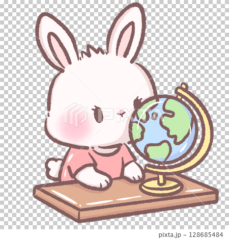 Cute cartoon bunny studying geography on a globe earth adorable white rabbit character learning education theme perfect for kids school illustrations 128685484