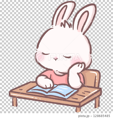 Cute cartoon bunny student sitting at wooden school desk dosing off with open book in classroom scene adorable white rabbit character learning education theme perfect for kids school illustrations 128685485