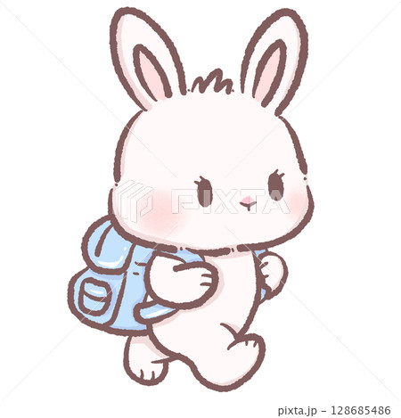 Cute cartoon bunny wearing a blue backpack going to school adorable white rabbit character learning education theme perfect for kids school illustrations Cute cartoon bunny wearing a blue backpack going to school adorable white rabbit character learning education theme perfect for kids school illustrations 128685486