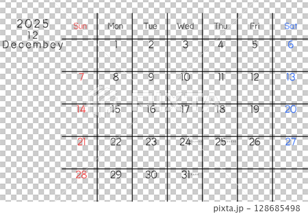 シンプル12月カレンダー　曜日英語バージョン 128685498