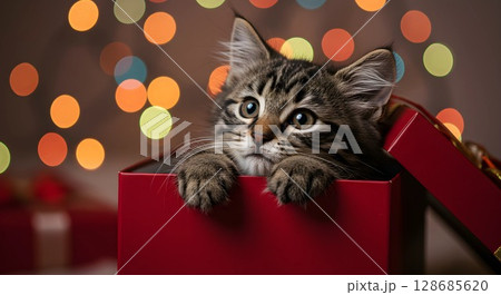 Cat inside gift box, funny animal, gift box, birthday surprise	 128685620
