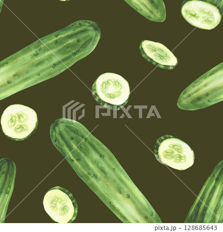 Cucumber watercolor seamless pattern. Whole long green vegetable and sliced in circles, slices Clipart for fresh food packaging, kitchen textile print on isolated dark background painted illustration. 128685643