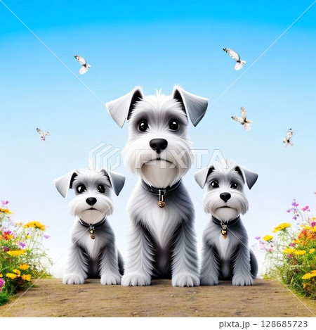 青空とシュナウザー犬の親子 青空とシュナウザー犬の親子 128685723