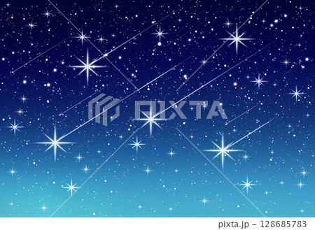 きらきら輝く星空　背景イラスト　夜空　流れ星　流星群　青 128685783
