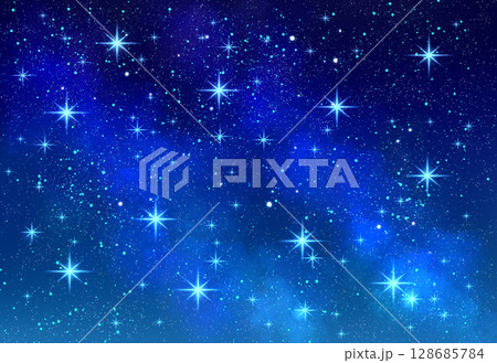 きらきら輝く星空　背景イラスト　夜空　流れ星　流星群　青 128685784