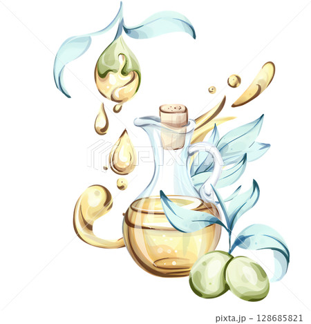 Embracing the essence of olive oil and olives in vibrant watercolor art showcasing Italian culinary heritage 128685821