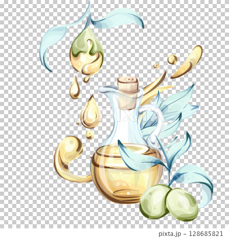 Embracing the essence of olive oil and olives in vibrant watercolor art showcasing Italian culinary heritage 128685821