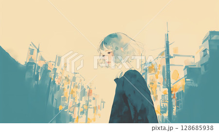 夜の街と寂しげな女性の水彩イラスト 128685938