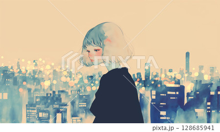 夜の街と寂しげな女性の水彩イラスト 夜の街と寂しげな女性の水彩イラスト 128685941