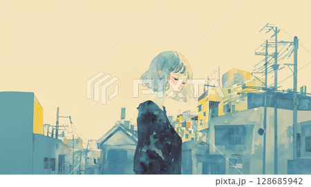 夜の街と寂しげな女性の水彩イラスト 128685942