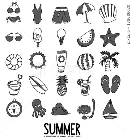 Summer Related Doodle vector icon set. Drawing sketch illustration hand drawn line eps10 128686020