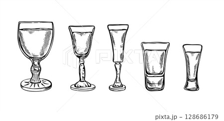 Monochrome shot glasses and liquor cups for limoncello, vodka, and spirits vector set illustration painted by black inks. Dinking glass clip art for bar menus, alcohol branding, party invitation 128686179