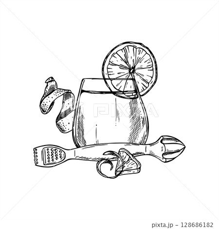 Monochrome glass with citrus drink, lemon slice, zest, peel and zesting tool vector line ink illustration. Healthy drink rich in vitamin C etching drawing for cooking blogs, dieting food design. 128686182