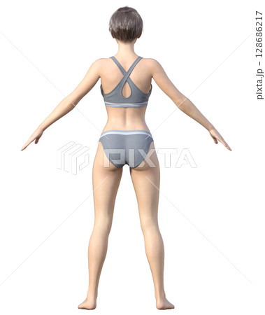 スリムな女性 全身後ろ姿の3Dイラスト ダイエットビフォーアフターのイメージ 128686217