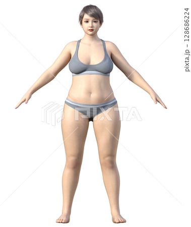 太った女性 全身正面の3Dイラスト ダイエットビフォーアフターのイメージ 128686224