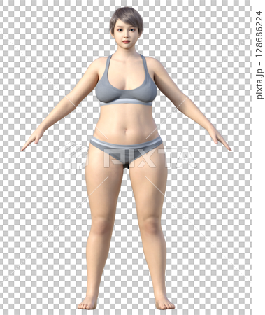 太った女性 全身正面の3Dイラスト ダイエットビフォーアフターのイメージ 128686224