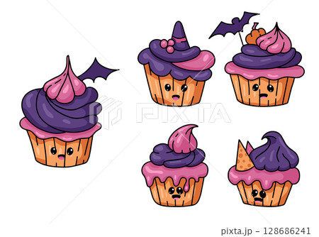 Halloween Cupcake Clipart Set in Kawaii Style 128686241
