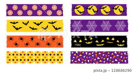 Halloween washi tape set with cute spooky motifs including bats spiders and pumpkins. Vector masking tape in orange purple and black colors for scrapbooking interior and festive packaging. Halloween washi tape set with cute spooky motifs including bats spiders and pumpkins. Vector masking tape in orange purple and black colors for scrapbooking interior and festive packaging. 128686290