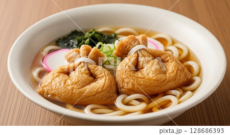 A close-up view of a bowl of Japanese udon noodle soup with tofu pockets. A close-up view of a bowl of Japanese udon noodle soup with tofu pockets. 128686393