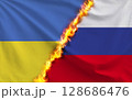 ウクライナとロシアの国旗 128686476