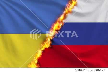 ウクライナとロシアの国旗 128686476