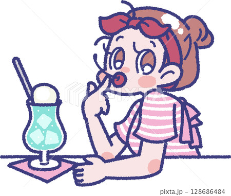 クリームソーダを食べる女の子のイラスト クリームソーダを食べる女の子のイラスト 128686484