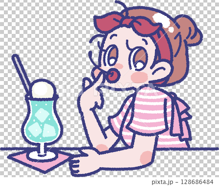 クリームソーダを食べる女の子のイラスト クリームソーダを食べる女の子のイラスト 128686484