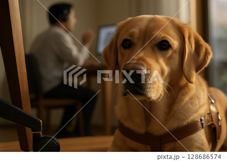 盲導犬が飼い主を見守る在宅ワークの午後 128686574